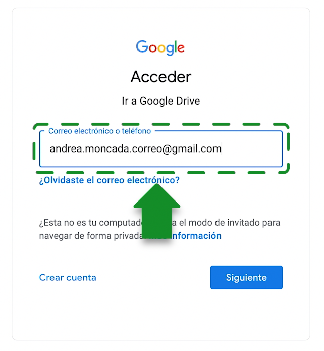 Ingresa a tu cuenta de Google Drive con tu usuario y contraseña.